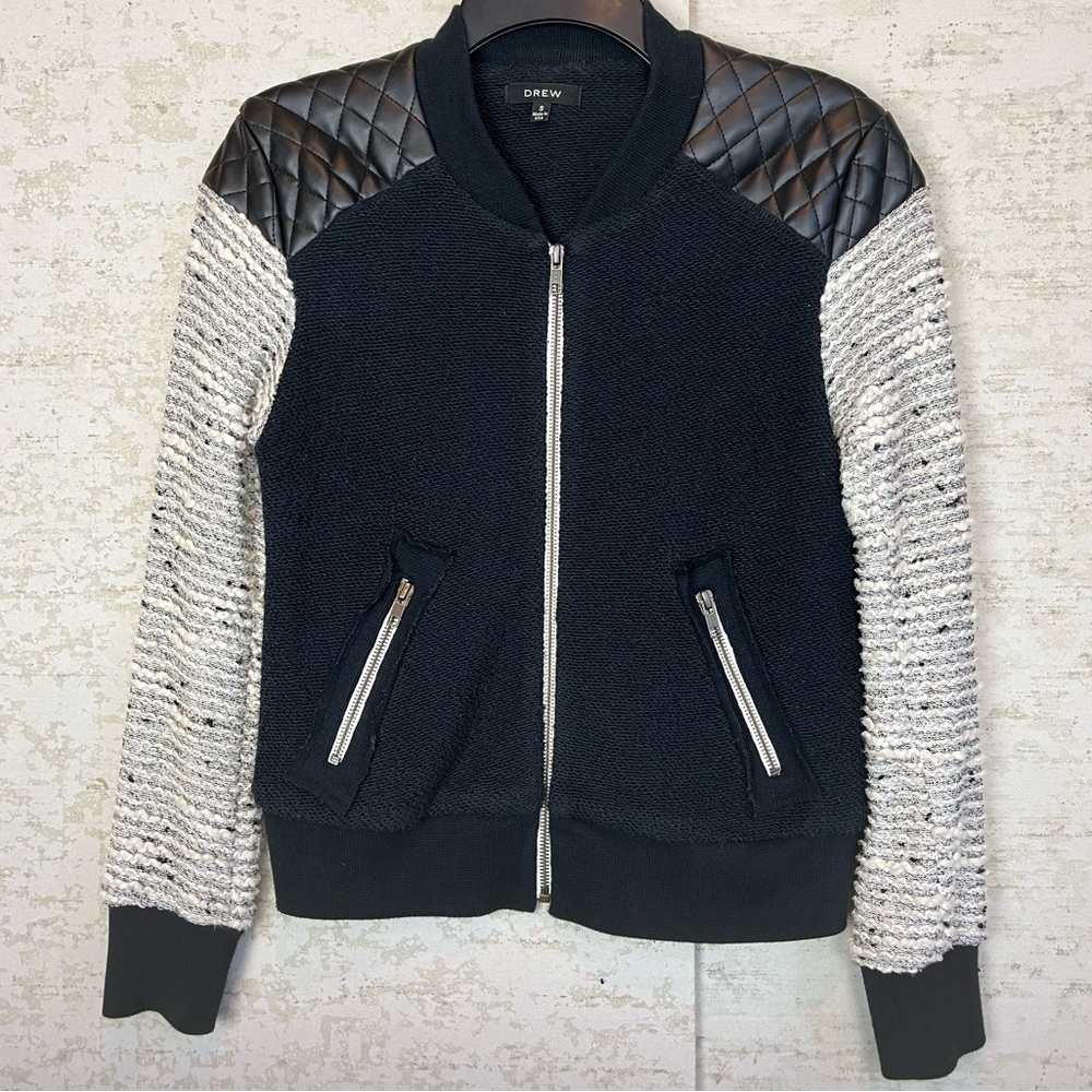 DREW Moto Jacket Italian Fabric Small Made in USA Black and White Tweed